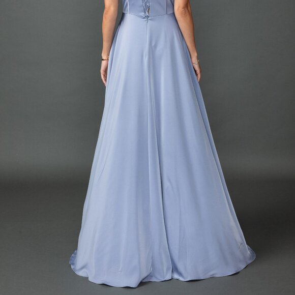 New Off the Shoulder Bridesmaid Chiffon Gown w/ Cowl Neck & Boned Bodice DQ 4539 - Picture 8 of 8
